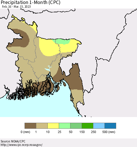 Bangladesh Precipitation 1-Month (CPC) Thematic Map For 2/16/2023 - 3/15/2023