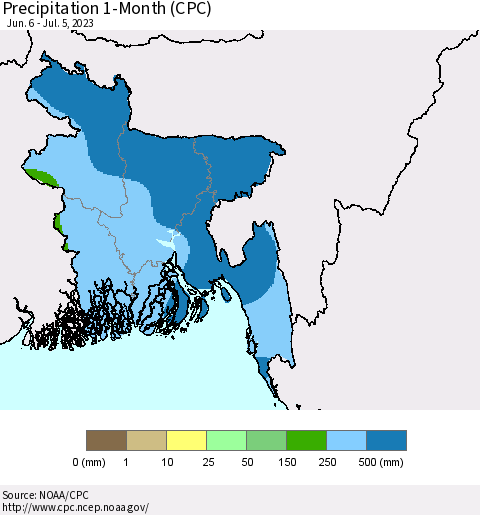 Bangladesh Precipitation 1-Month (CPC) Thematic Map For 6/6/2023 - 7/5/2023