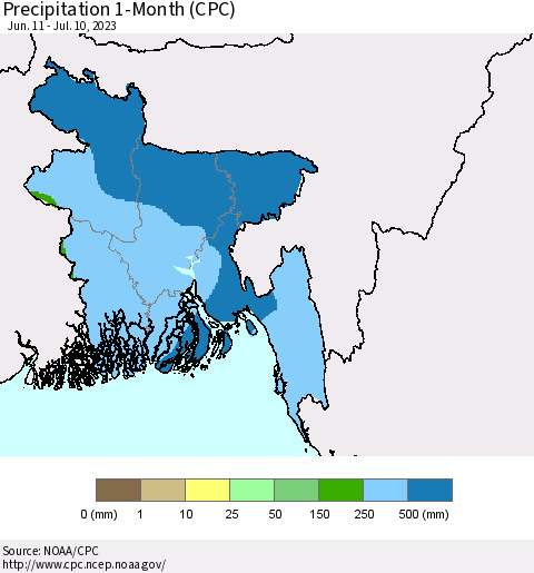 Bangladesh Precipitation 1-Month (CPC) Thematic Map For 6/11/2023 - 7/10/2023