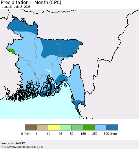 Bangladesh Precipitation 1-Month (CPC) Thematic Map For 6/16/2023 - 7/15/2023