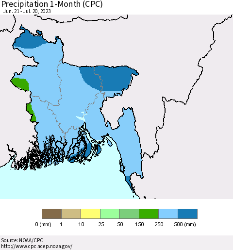 Bangladesh Precipitation 1-Month (CPC) Thematic Map For 6/21/2023 - 7/20/2023