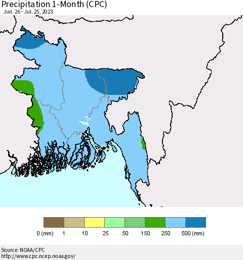 Bangladesh Precipitation 1-Month (CPC) Thematic Map For 6/26/2023 - 7/25/2023