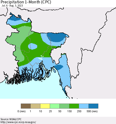 Bangladesh Precipitation 1-Month (CPC) Thematic Map For 7/6/2023 - 8/5/2023