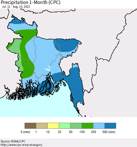 Bangladesh Precipitation 1-Month (CPC) Thematic Map For 7/11/2023 - 8/10/2023