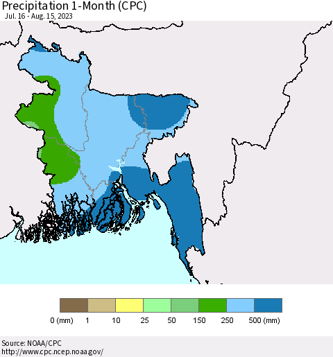 Bangladesh Precipitation 1-Month (CPC) Thematic Map For 7/16/2023 - 8/15/2023
