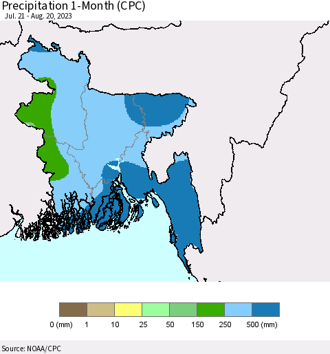 Bangladesh Precipitation 1-Month (CPC) Thematic Map For 7/21/2023 - 8/20/2023