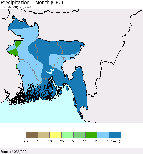 Bangladesh Precipitation 1-Month (CPC) Thematic Map For 7/26/2023 - 8/25/2023