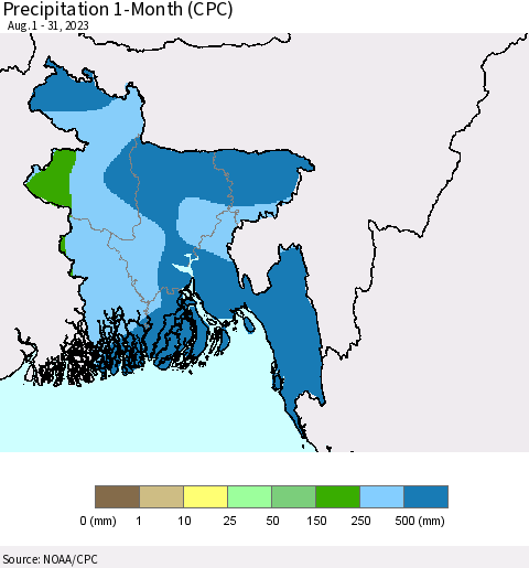 Bangladesh Precipitation 1-Month (CPC) Thematic Map For 8/1/2023 - 8/31/2023