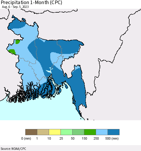 Bangladesh Precipitation 1-Month (CPC) Thematic Map For 8/6/2023 - 9/5/2023