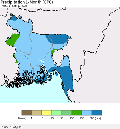Bangladesh Precipitation 1-Month (CPC) Thematic Map For 8/11/2023 - 9/10/2023