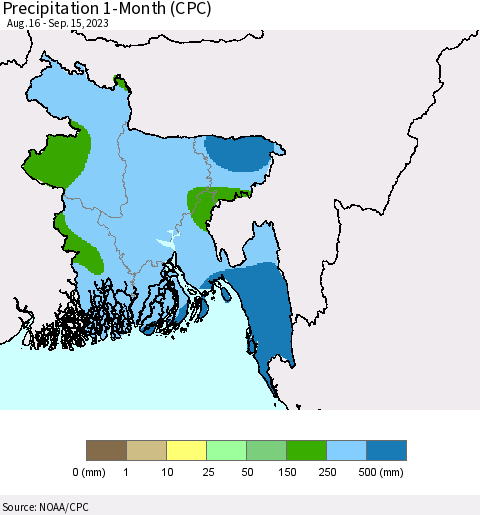 Bangladesh Precipitation 1-Month (CPC) Thematic Map For 8/16/2023 - 9/15/2023