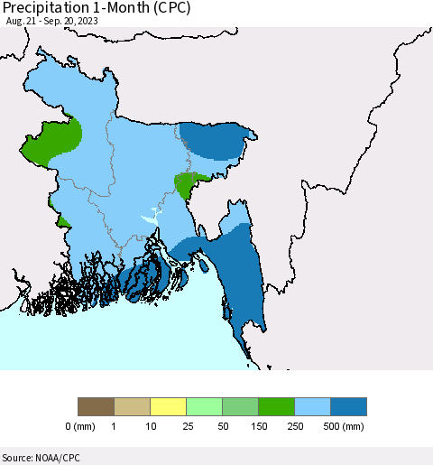 Bangladesh Precipitation 1-Month (CPC) Thematic Map For 8/21/2023 - 9/20/2023