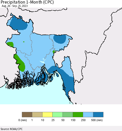 Bangladesh Precipitation 1-Month (CPC) Thematic Map For 8/26/2023 - 9/25/2023