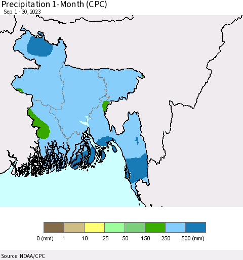 Bangladesh Precipitation 1-Month (CPC) Thematic Map For 9/1/2023 - 9/30/2023