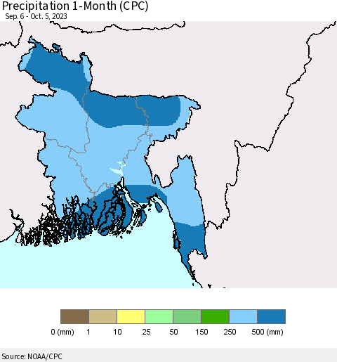 Bangladesh Precipitation 1-Month (CPC) Thematic Map For 9/6/2023 - 10/5/2023