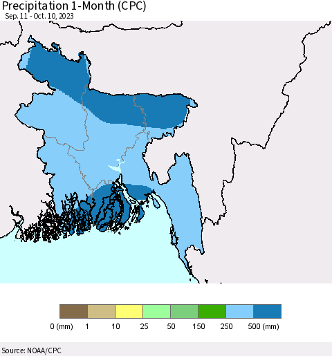 Bangladesh Precipitation 1-Month (CPC) Thematic Map For 9/11/2023 - 10/10/2023