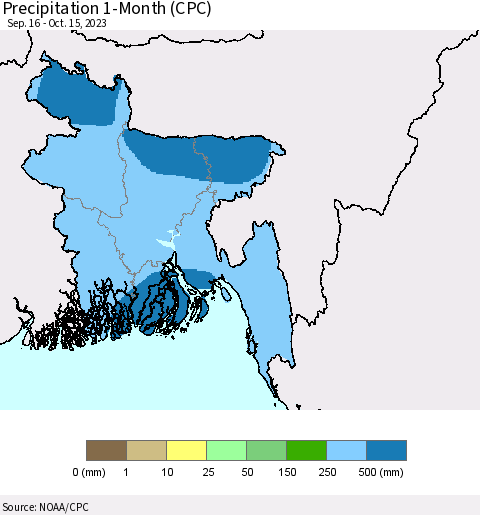 Bangladesh Precipitation 1-Month (CPC) Thematic Map For 9/16/2023 - 10/15/2023