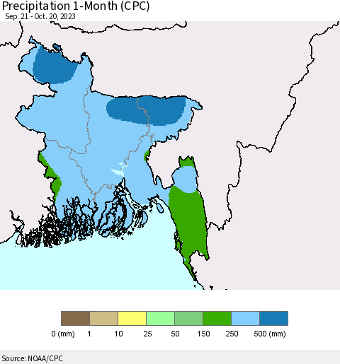 Bangladesh Precipitation 1-Month (CPC) Thematic Map For 9/21/2023 - 10/20/2023