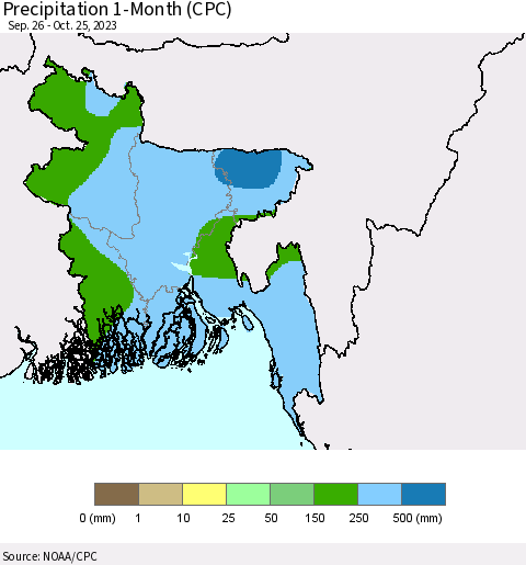 Bangladesh Precipitation 1-Month (CPC) Thematic Map For 9/26/2023 - 10/25/2023