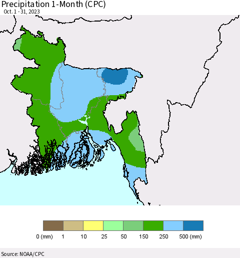 Bangladesh Precipitation 1-Month (CPC) Thematic Map For 10/1/2023 - 10/31/2023