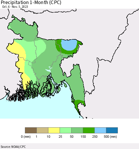 Bangladesh Precipitation 1-Month (CPC) Thematic Map For 10/6/2023 - 11/5/2023