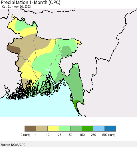 Bangladesh Precipitation 1-Month (CPC) Thematic Map For 10/11/2023 - 11/10/2023