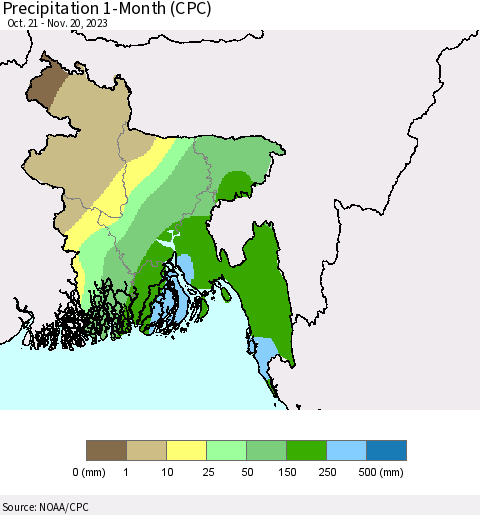 Bangladesh Precipitation 1-Month (CPC) Thematic Map For 10/21/2023 - 11/20/2023