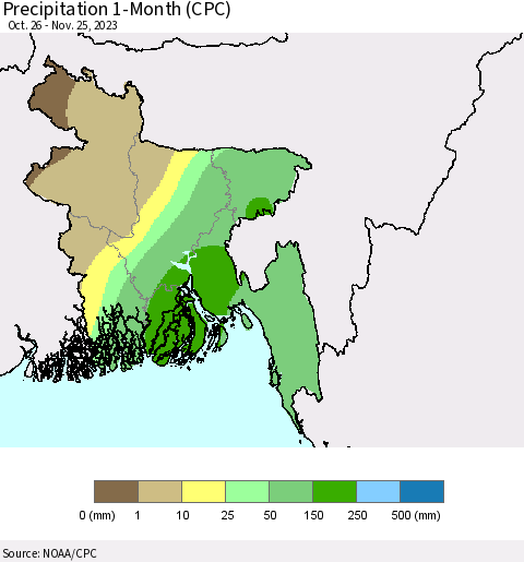 Bangladesh Precipitation 1-Month (CPC) Thematic Map For 10/26/2023 - 11/25/2023