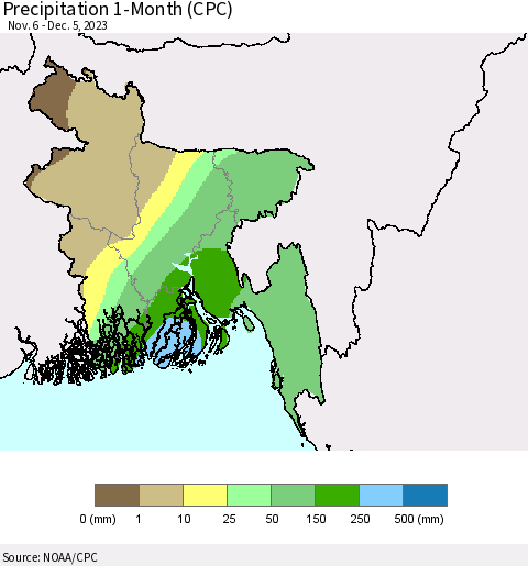 Bangladesh Precipitation 1-Month (CPC) Thematic Map For 11/6/2023 - 12/5/2023