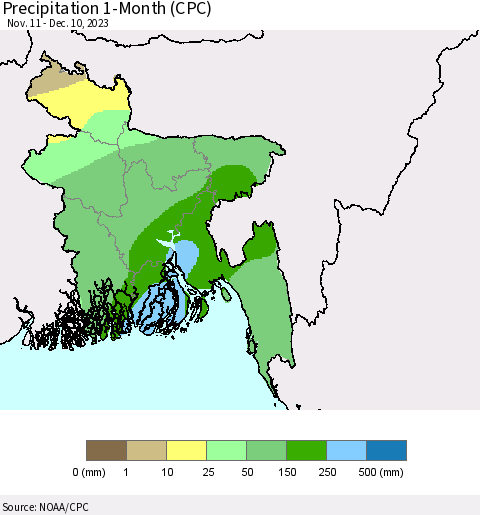 Bangladesh Precipitation 1-Month (CPC) Thematic Map For 11/11/2023 - 12/10/2023