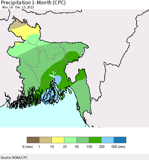 Bangladesh Precipitation 1-Month (CPC) Thematic Map For 11/16/2023 - 12/15/2023