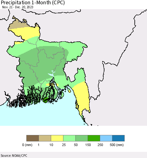 Bangladesh Precipitation 1-Month (CPC) Thematic Map For 11/21/2023 - 12/20/2023