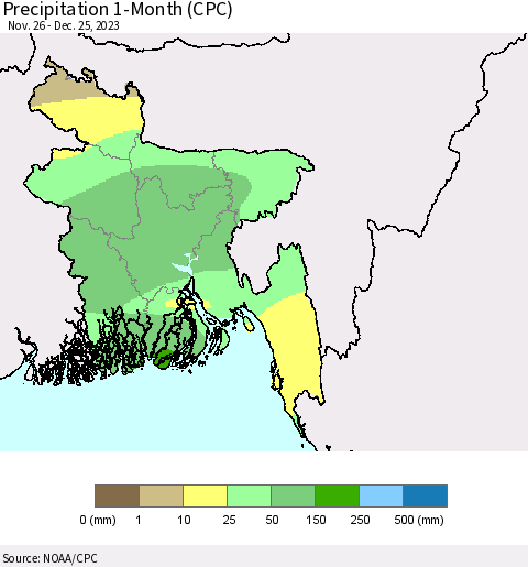 Bangladesh Precipitation 1-Month (CPC) Thematic Map For 11/26/2023 - 12/25/2023