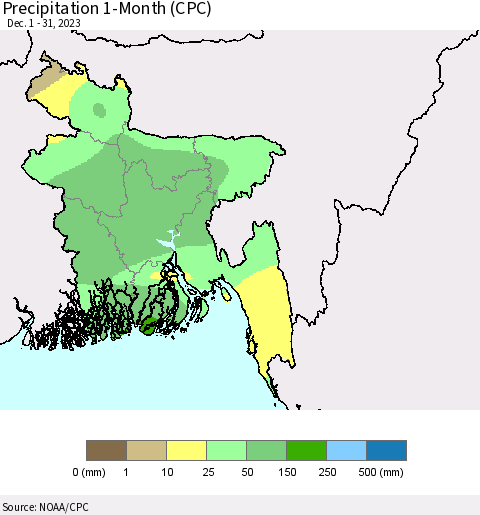 Bangladesh Precipitation 1-Month (CPC) Thematic Map For 12/1/2023 - 12/31/2023