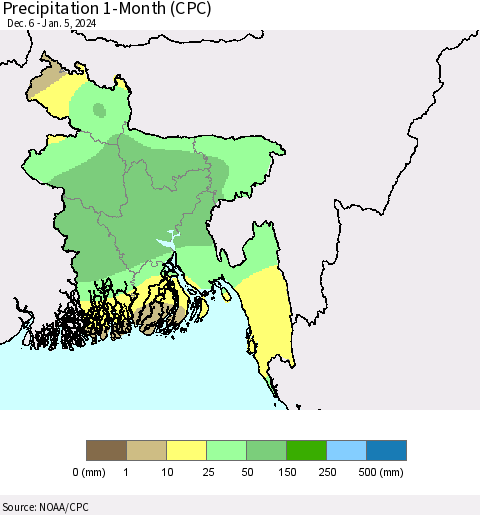 Bangladesh Precipitation 1-Month (CPC) Thematic Map For 12/6/2023 - 1/5/2024