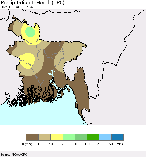 Bangladesh Precipitation 1-Month (CPC) Thematic Map For 12/16/2023 - 1/15/2024
