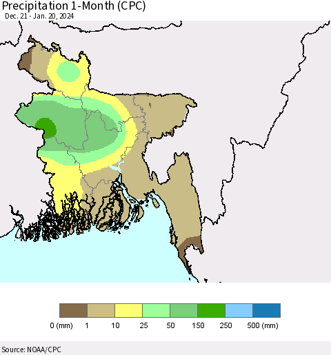 Bangladesh Precipitation 1-Month (CPC) Thematic Map For 12/21/2023 - 1/20/2024