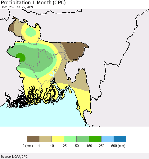 Bangladesh Precipitation 1-Month (CPC) Thematic Map For 12/26/2023 - 1/25/2024