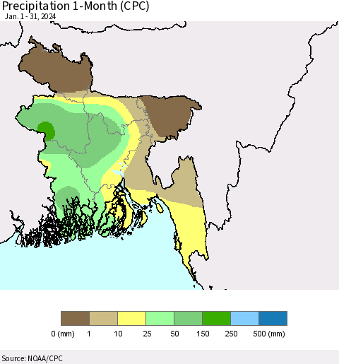Bangladesh Precipitation 1-Month (CPC) Thematic Map For 1/1/2024 - 1/31/2024