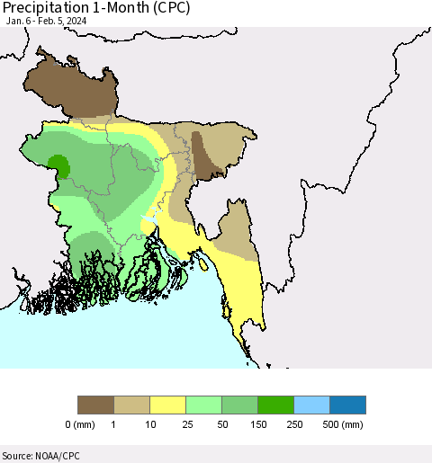 Bangladesh Precipitation 1-Month (CPC) Thematic Map For 1/6/2024 - 2/5/2024