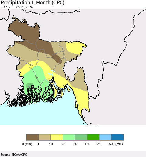 Bangladesh Precipitation 1-Month (CPC) Thematic Map For 1/21/2024 - 2/20/2024