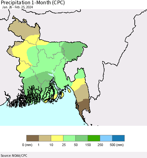 Bangladesh Precipitation 1-Month (CPC) Thematic Map For 1/26/2024 - 2/25/2024