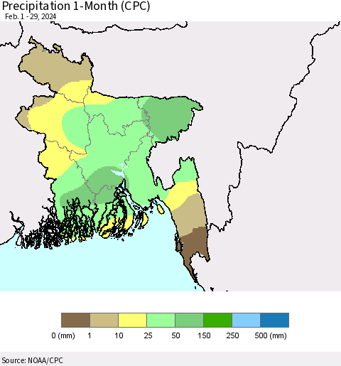 Bangladesh Precipitation 1-Month (CPC) Thematic Map For 2/1/2024 - 2/29/2024