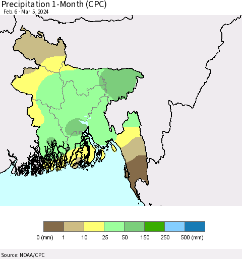 Bangladesh Precipitation 1-Month (CPC) Thematic Map For 2/6/2024 - 3/5/2024