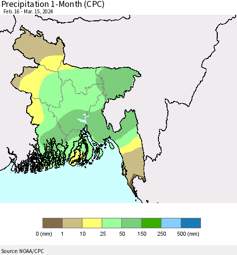 Bangladesh Precipitation 1-Month (CPC) Thematic Map For 2/16/2024 - 3/15/2024