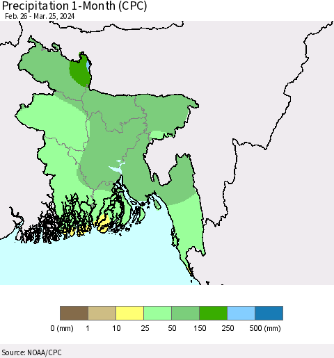 Bangladesh Precipitation 1-Month (CPC) Thematic Map For 2/26/2024 - 3/25/2024
