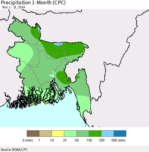 Bangladesh Precipitation 1-Month (CPC) Thematic Map For 3/1/2024 - 3/31/2024