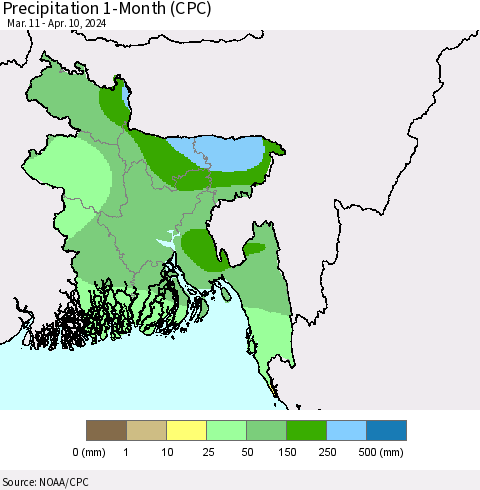 Bangladesh Precipitation 1-Month (CPC) Thematic Map For 3/11/2024 - 4/10/2024