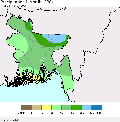 Bangladesh Precipitation 1-Month (CPC) Thematic Map For 3/16/2024 - 4/15/2024
