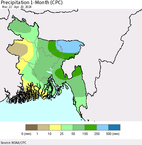 Bangladesh Precipitation 1-Month (CPC) Thematic Map For 3/21/2024 - 4/20/2024